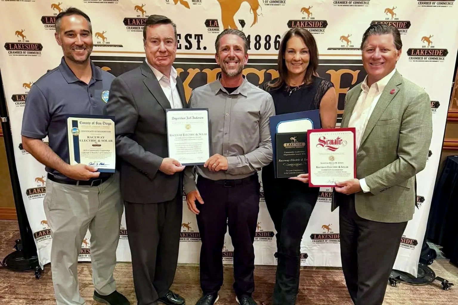 Raceway Electric & Solar receives the 2026 Community Leadership Award from the Lakeside Chamber of Commerce