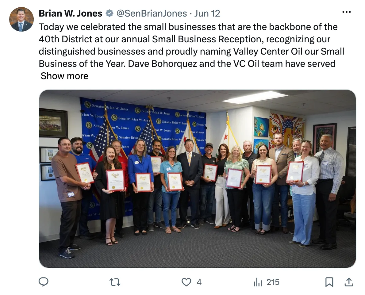 Senator Brian Jones post recognizing Raceway Electric & Solar as a Top Small Business