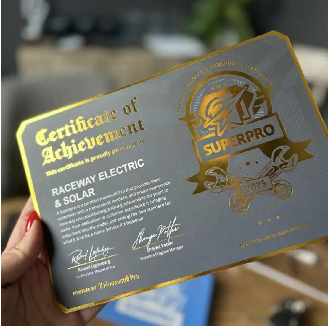 Housecall Pro SuperPro certificate — Raceway Electric & Solar